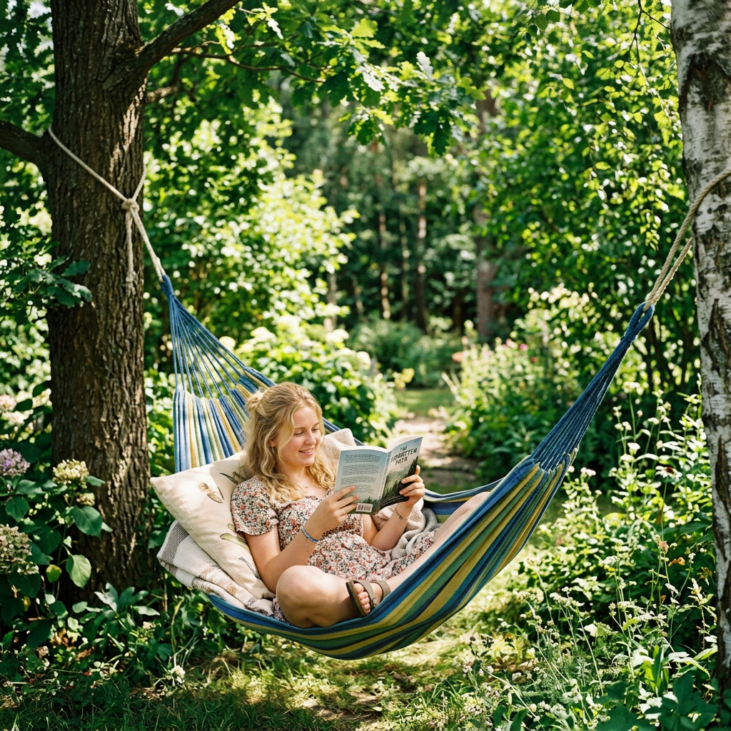 Woman reading a book in a striped hammock among sunlit trees